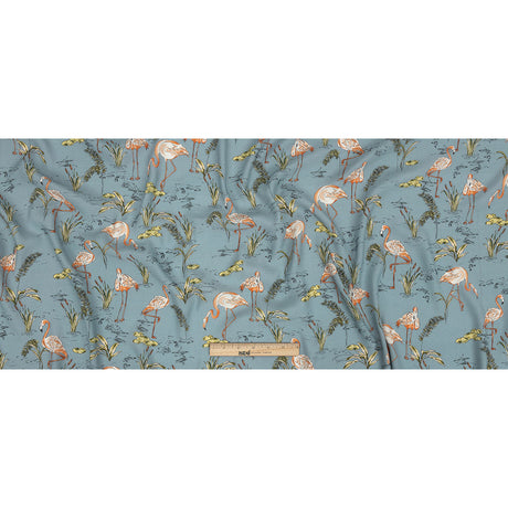 Sustainable Viscose Woven Print - Steel Blue, Pink and Green Flamingoes and Plants - Mood Exclusive Flamingo Festivities