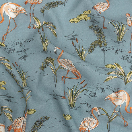 Sustainable Viscose Woven Print - Steel Blue, Pink and Green Flamingoes and Plants - Mood Exclusive Flamingo Festivities