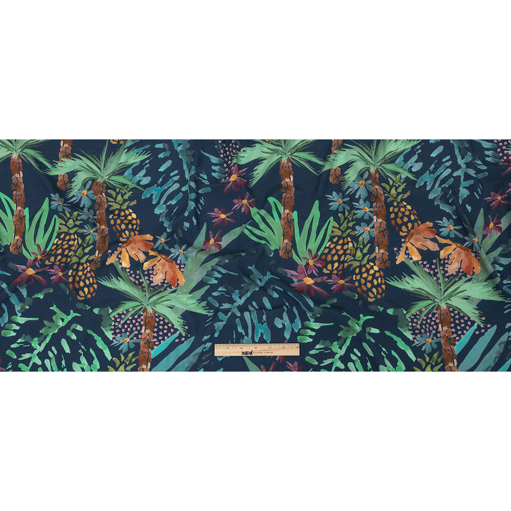 Sustainable Viscose Woven Print - Bright Navy and Green Painterly Palm Trees - Mood Exclusive Sundrenched Splash