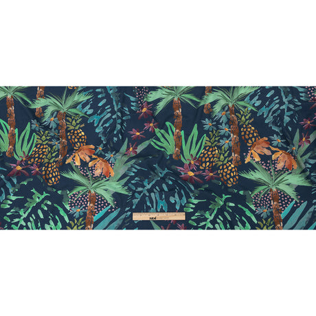 Sustainable Viscose Woven Print - Bright Navy and Green Painterly Palm Trees - Mood Exclusive Sundrenched Splash