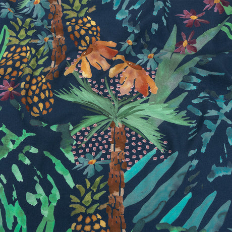Sustainable Viscose Woven Print - Bright Navy and Green Painterly Palm Trees - Mood Exclusive Sundrenched Splash