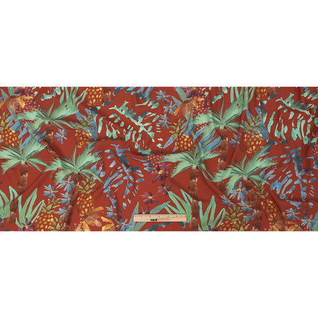 Sustainable Viscose Woven Print - Red-Orange and Green Painterly Palm Trees - Mood Exclusive Sundrenched Splash