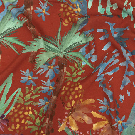 Sustainable Viscose Woven Print - Red-Orange and Green Painterly Palm Trees - Mood Exclusive Sundrenched Splash