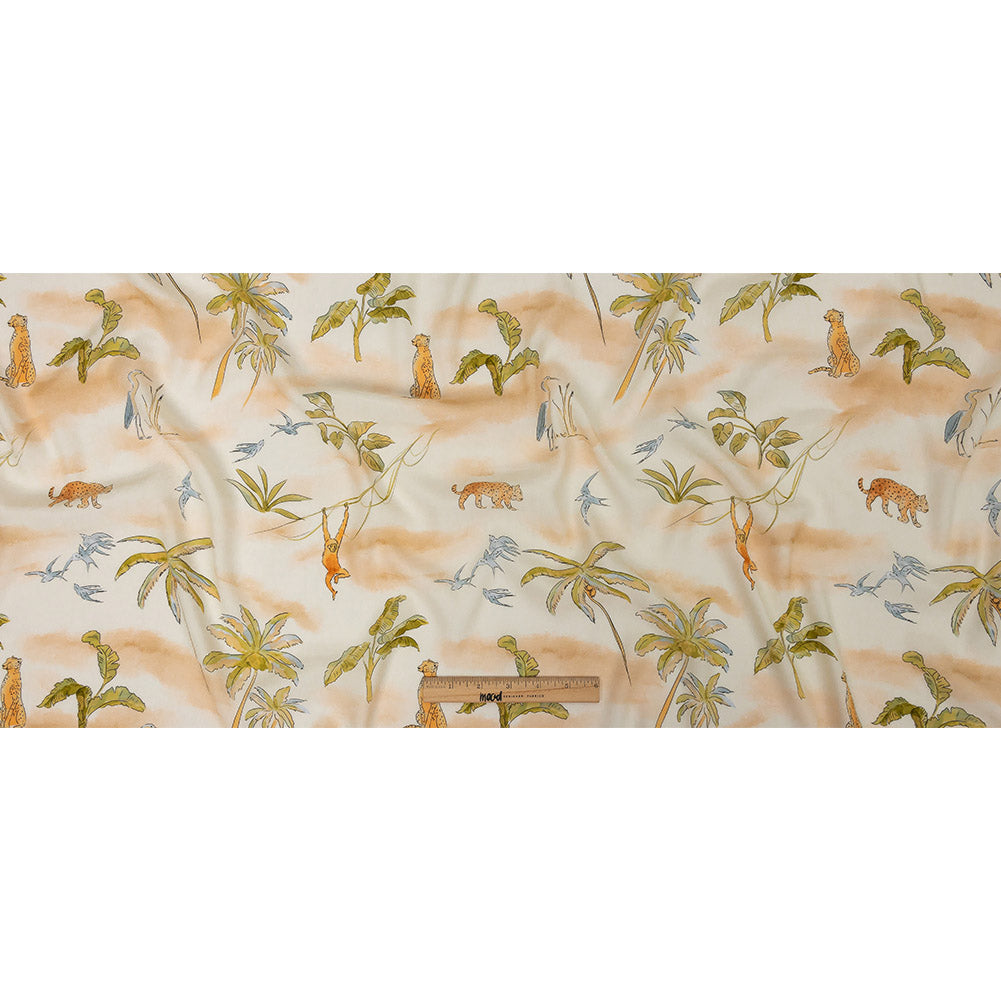 Sustainable Viscose Woven Print - Ivory Animals and Palm Trees - Mood Exclusive Savanna Spectacle