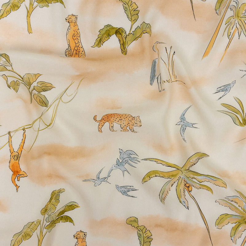 Sustainable Viscose Woven Print - Ivory Animals and Palm Trees - Mood Exclusive Savanna Spectacle