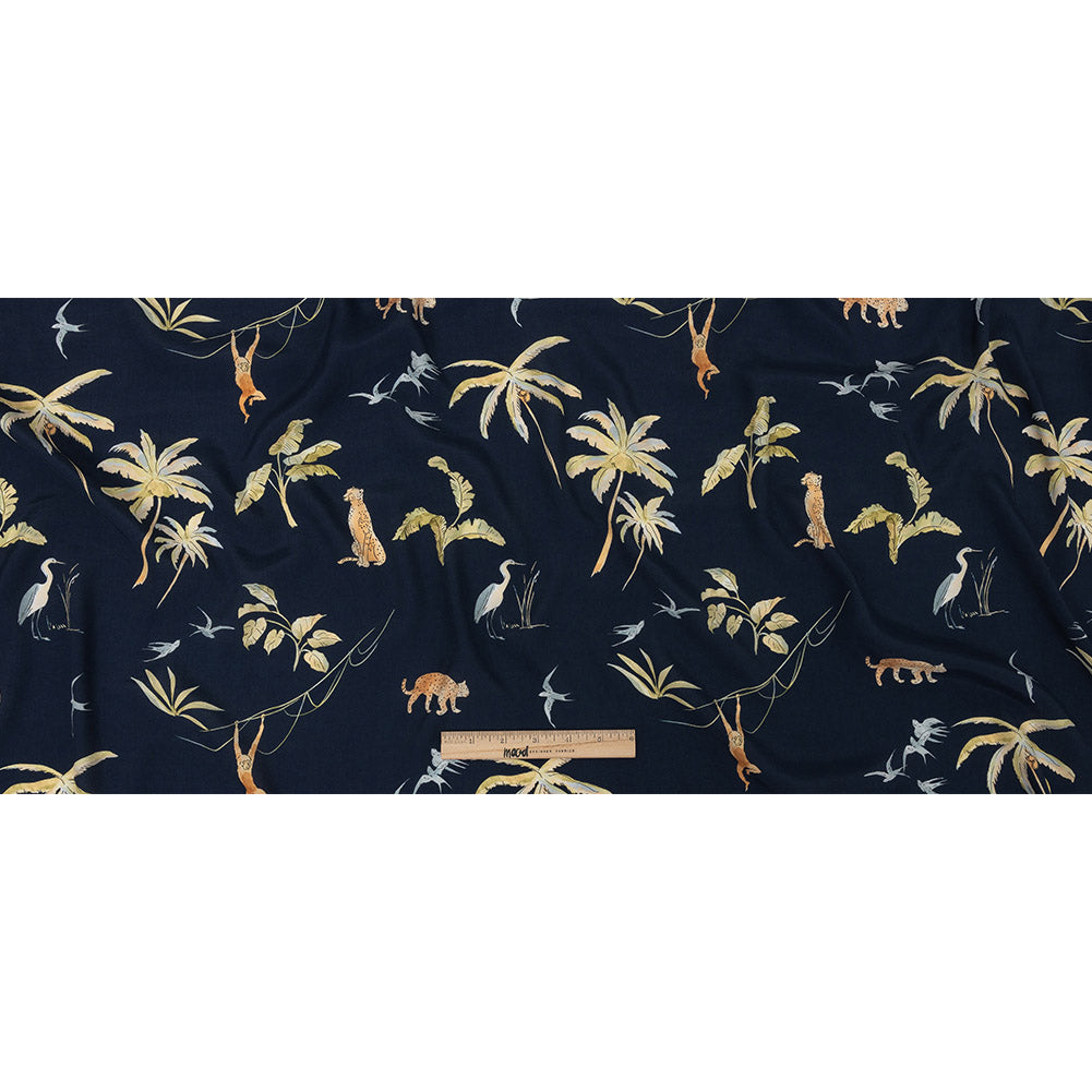 Sustainable Viscose Woven Print - Navy Animals and Palm Trees - Mood Exclusive Savanna Spectacle