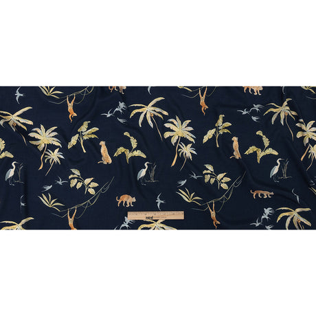 Sustainable Viscose Woven Print - Navy Animals and Palm Trees - Mood Exclusive Savanna Spectacle