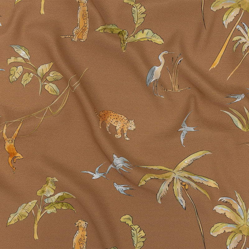 Sustainable Viscose Woven Print - Beige Animals and Palm Trees - Mood Exclusive Savanna Spectacle