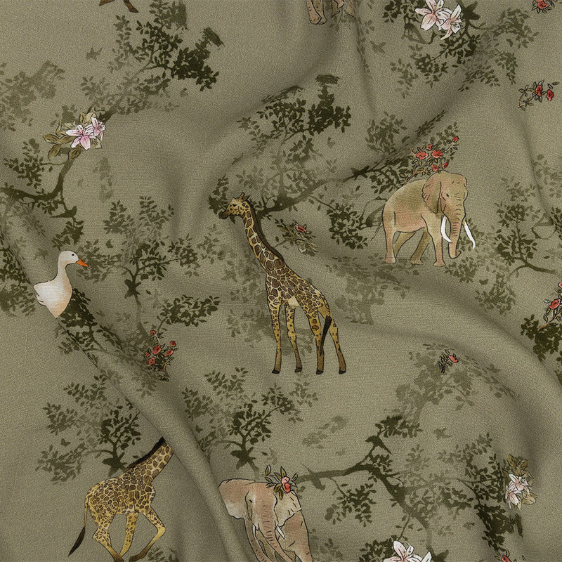 Sustainable Viscose Woven Print - Pale Green Savanna Animals and Trees - Mood Exclusive Serene Safari