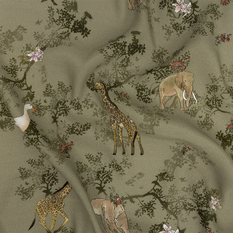 Sustainable Viscose Woven Print - Pale Green Savanna Animals and Trees - Mood Exclusive Serene Safari