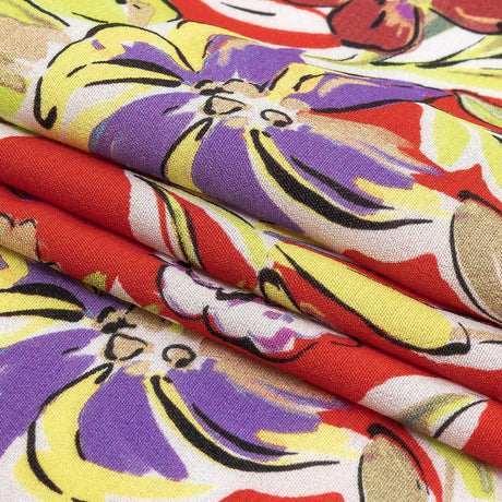 Sustainable Viscose Woven Print - Scarlet, Purple and Yellow Floral - Mood Exclusive Greenhouse Gala
