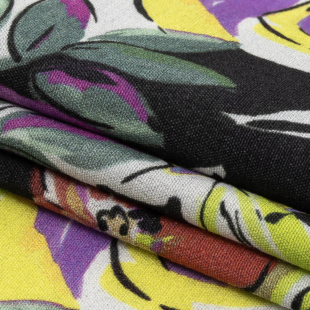 Sustainable Viscose Woven Print - Black, Purple and Yellow Floral - Mood Exclusive Greenhouse Gala