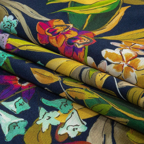 Sustainable Viscose Woven Print - Navy Blue, Green and Purple Floral - Mood Exclusive Tropics at Twilight