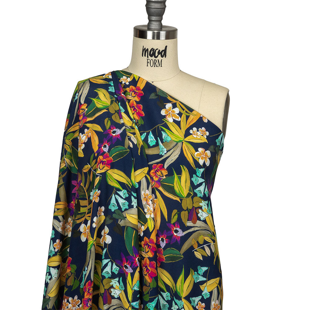 Sustainable Viscose Woven Print - Navy Blue, Green and Purple Floral - Mood Exclusive Tropics at Twilight