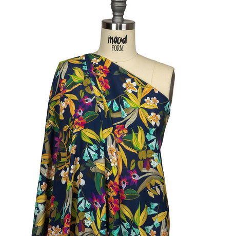 Sustainable Viscose Woven Print - Navy Blue, Green and Purple Floral - Mood Exclusive Tropics at Twilight