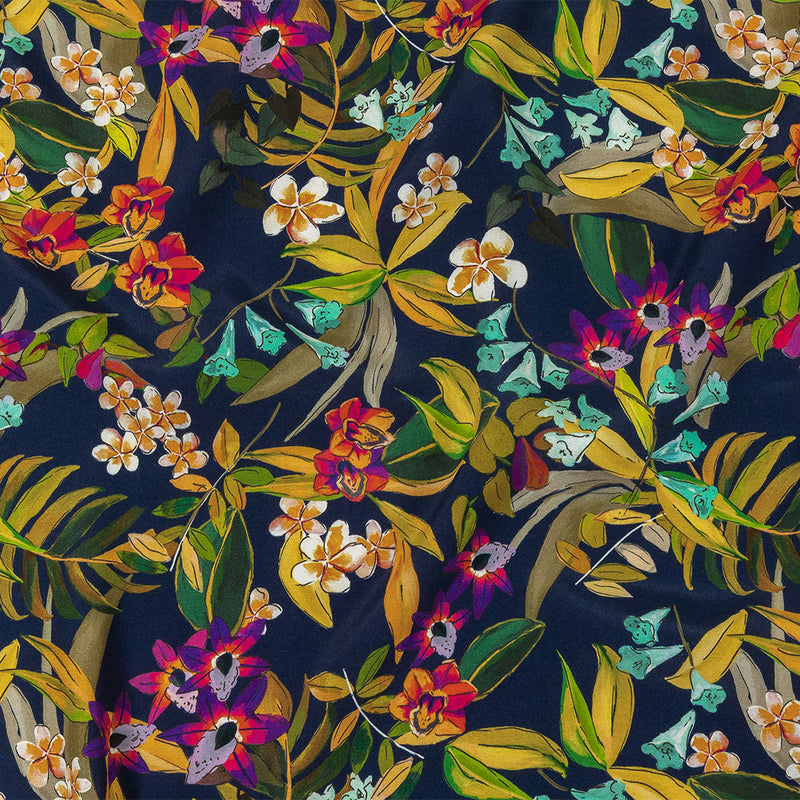 Sustainable Viscose Woven Print - Navy Blue, Green and Purple Floral - Mood Exclusive Tropics at Twilight
