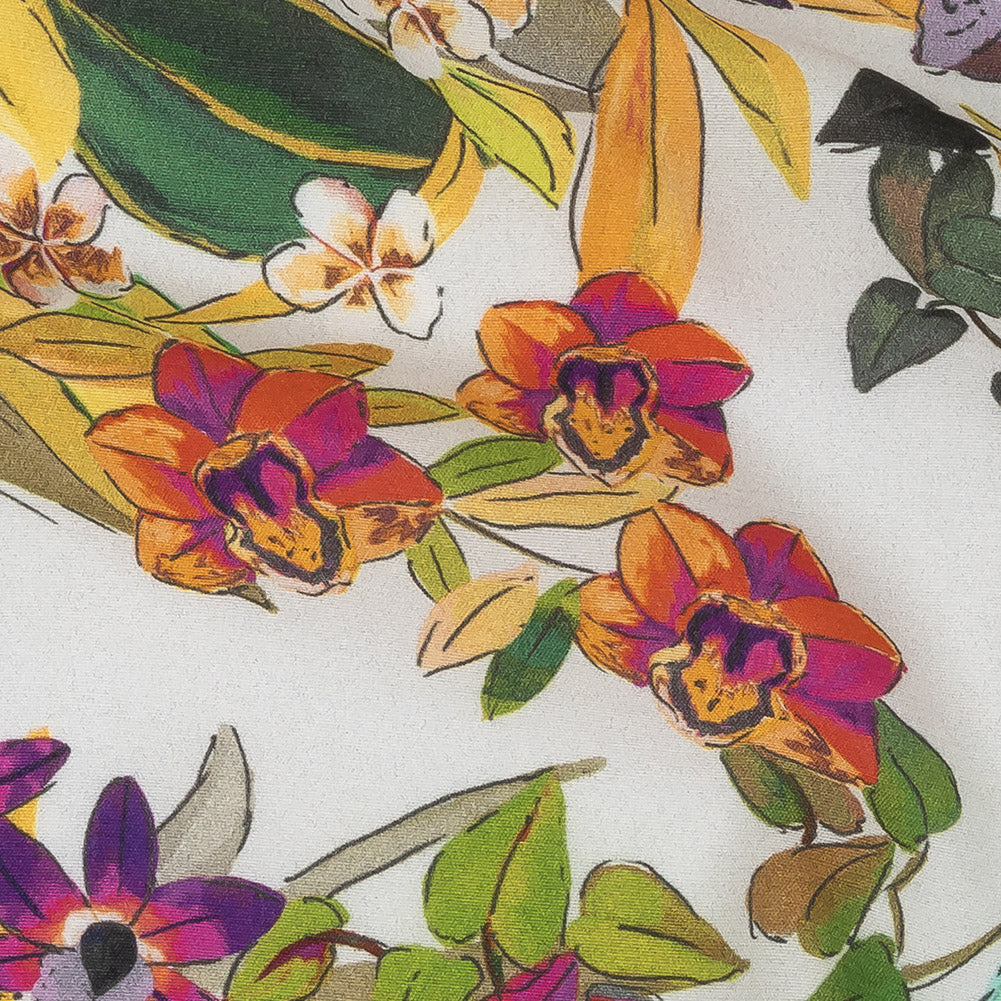 Sustainable Viscose Woven Print - White, Green and Purple Floral - Mood Exclusive Tropics at Twilight