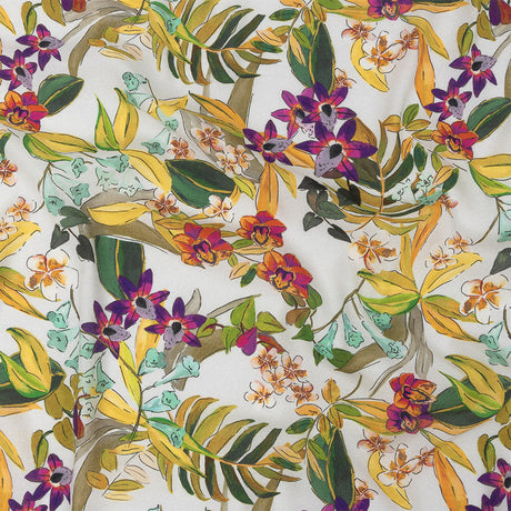 Sustainable Viscose Woven Print - White, Green and Purple Floral - Mood Exclusive Tropics at Twilight