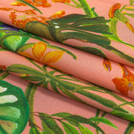 Sustainable Viscose Woven Print - Pink and Green Leaves and Flowers - Mood Exclusive Lily Pad Paradise