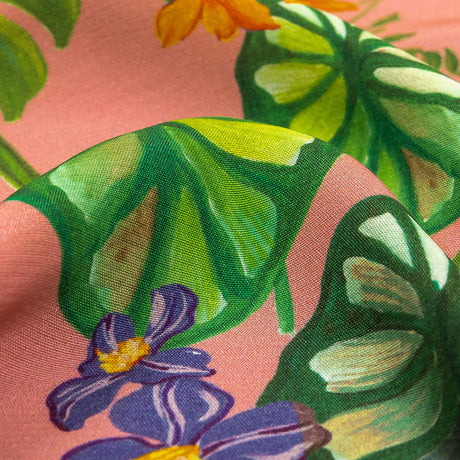 Sustainable Viscose Woven Print - Pink and Green Leaves and Flowers - Mood Exclusive Lily Pad Paradise