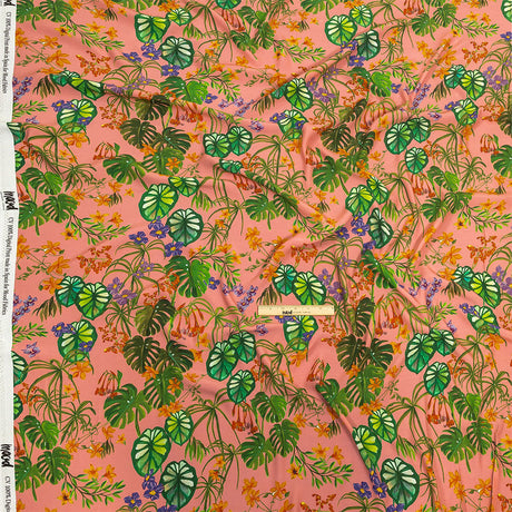 Sustainable Viscose Woven Print - Pink and Green Leaves and Flowers - Mood Exclusive Lily Pad Paradise