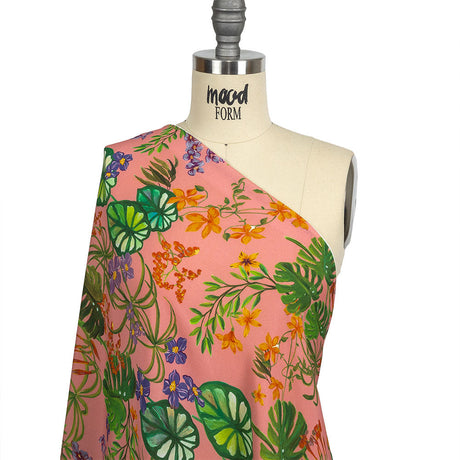 Sustainable Viscose Woven Print - Pink and Green Leaves and Flowers - Mood Exclusive Lily Pad Paradise