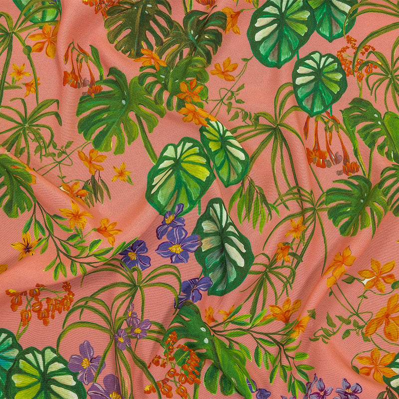 Sustainable Viscose Woven Print - Pink and Green Leaves and Flowers - Mood Exclusive Lily Pad Paradise