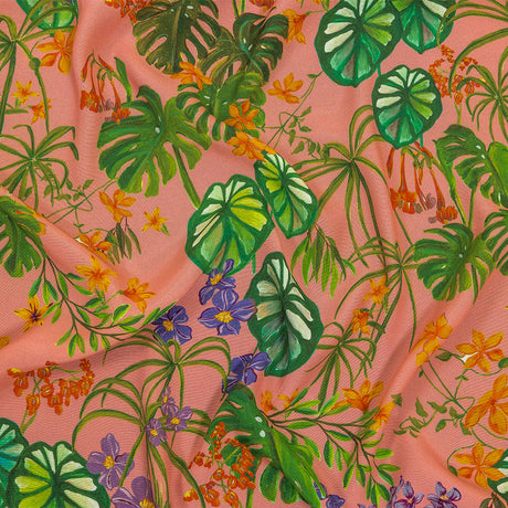Sustainable Viscose Woven Print - Pink and Green Leaves and Flowers - Mood Exclusive Lily Pad Paradise