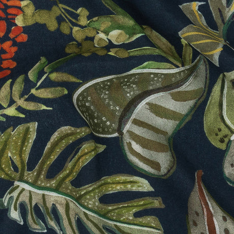 Sustainable Viscose Woven Print - Navy, Green and Red Troplical Leaves and Flowers - Mood Exclusive Subtropic Vegetation