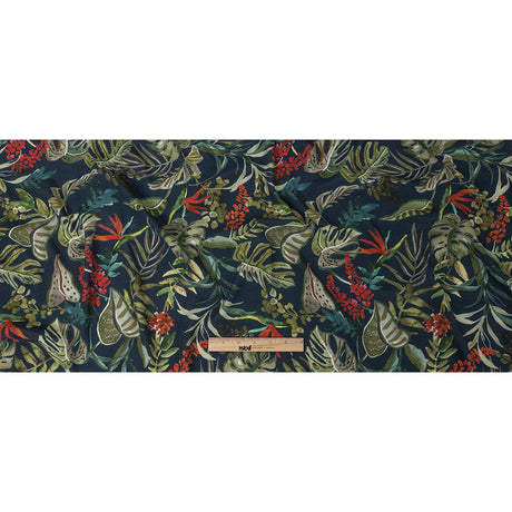 Sustainable Viscose Woven Print - Navy, Green and Red Troplical Leaves and Flowers - Mood Exclusive Subtropic Vegetation