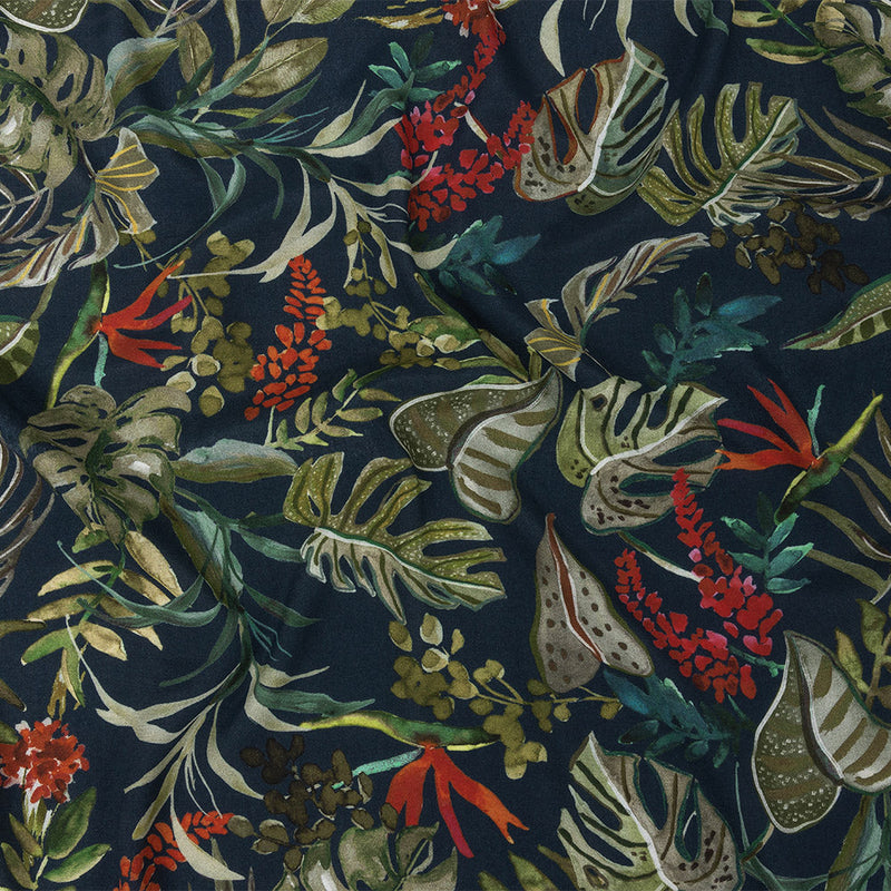 Sustainable Viscose Woven Print - Navy, Green and Red Troplical Leaves and Flowers - Mood Exclusive Subtropic Vegetation