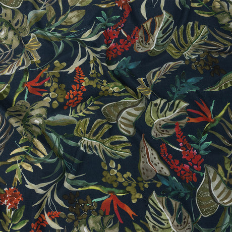 Sustainable Viscose Woven Print - Navy, Green and Red Troplical Leaves and Flowers - Mood Exclusive Subtropic Vegetation