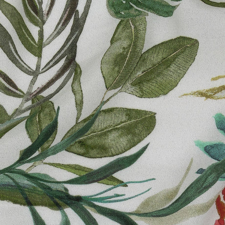 Sustainable Viscose Woven Print - White, Green and Red Troplical Leaves and Flowers - Mood Exclusive Subtropic Vegetation