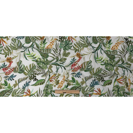Sustainable Viscose Woven Print - White, Green and Red Troplical Leaves and Flowers - Mood Exclusive Subtropic Vegetation
