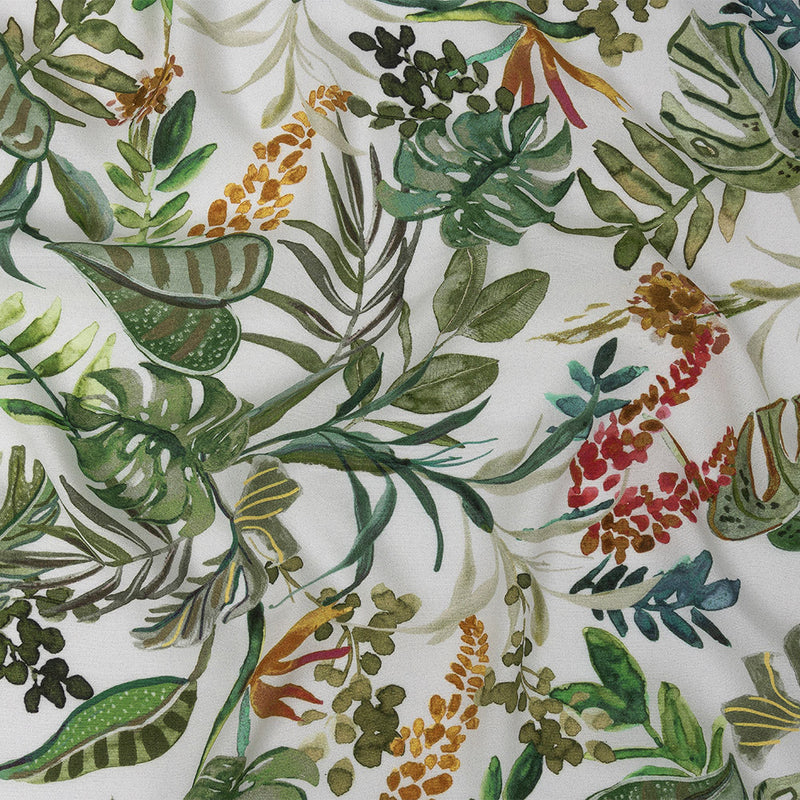 Sustainable Viscose Woven Print - White, Green and Red Troplical Leaves and Flowers - Mood Exclusive Subtropic Vegetation