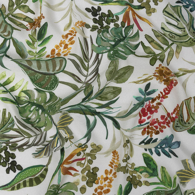Sustainable Viscose Woven Print - White, Green and Red Troplical Leaves and Flowers - Mood Exclusive Subtropic Vegetation