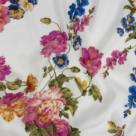 Gauzy Viscose Crepe Print - White, Pink and Yellow Floral - Mood Exclusive Flores de la Toscana