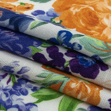 Gauzy Viscose Crepe Print - White, Blue and Orange Floral - Mood Exclusive Flowers by Vincent