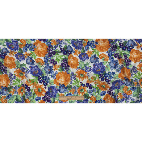 Gauzy Viscose Crepe Print - White, Blue and Orange Floral - Mood Exclusive Flowers by Vincent