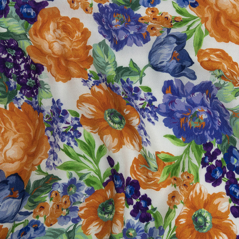 Gauzy Viscose Crepe Print - White, Blue and Orange Floral - Mood Exclusive Flowers by Vincent