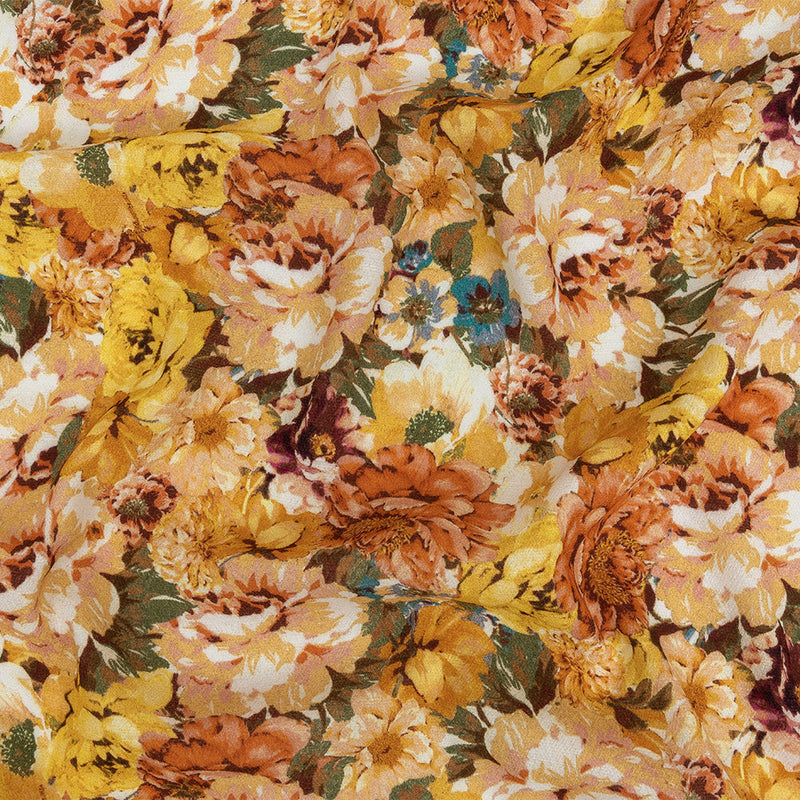 Gauzy Viscose Crepe Print - Orange and Yellow Floral - Mood Exclusive Autumn Blossoms