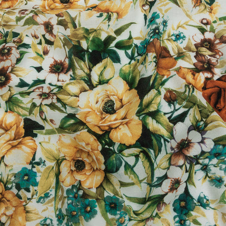 Gauzy Viscose Crepe Print - Yellow, Teal and White Floral - Mood Exclusive Jardin des Fleurs