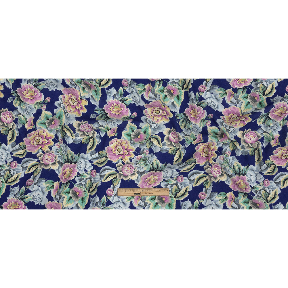 Gauzy Viscose Crepe Print - Royal Blue, Pink and Yellow Floral - Mood Exclusive Antique Rose Petals