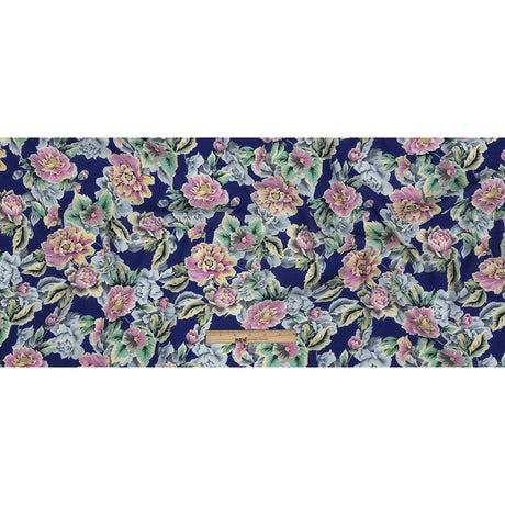 Gauzy Viscose Crepe Print - Royal Blue, Pink and Yellow Floral - Mood Exclusive Antique Rose Petals