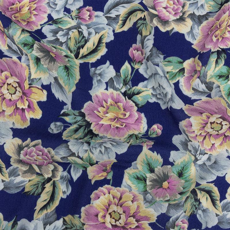 Gauzy Viscose Crepe Print - Royal Blue, Pink and Yellow Floral - Mood Exclusive Antique Rose Petals