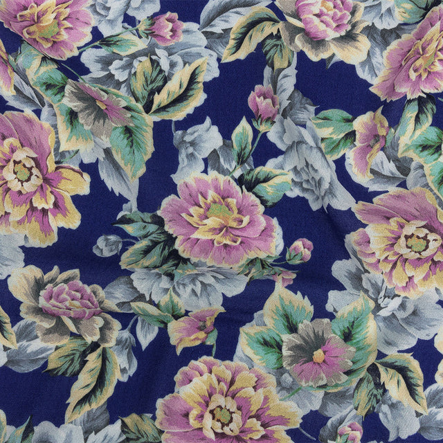 Gauzy Viscose Crepe Print - Royal Blue, Pink and Yellow Floral - Mood Exclusive Antique Rose Petals