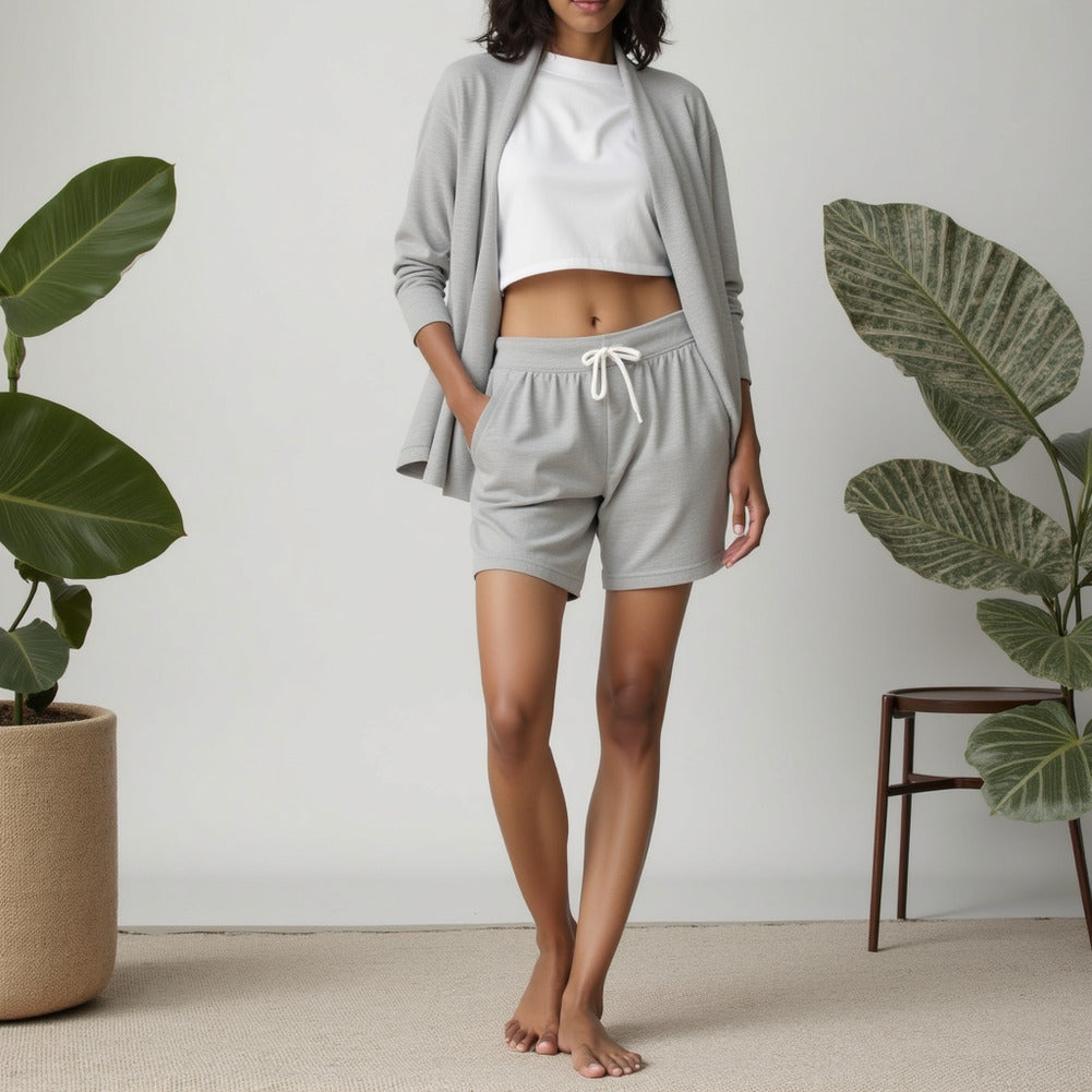 Cotton French Terry Knit - Heathered Light Gray and White - Elida Collection