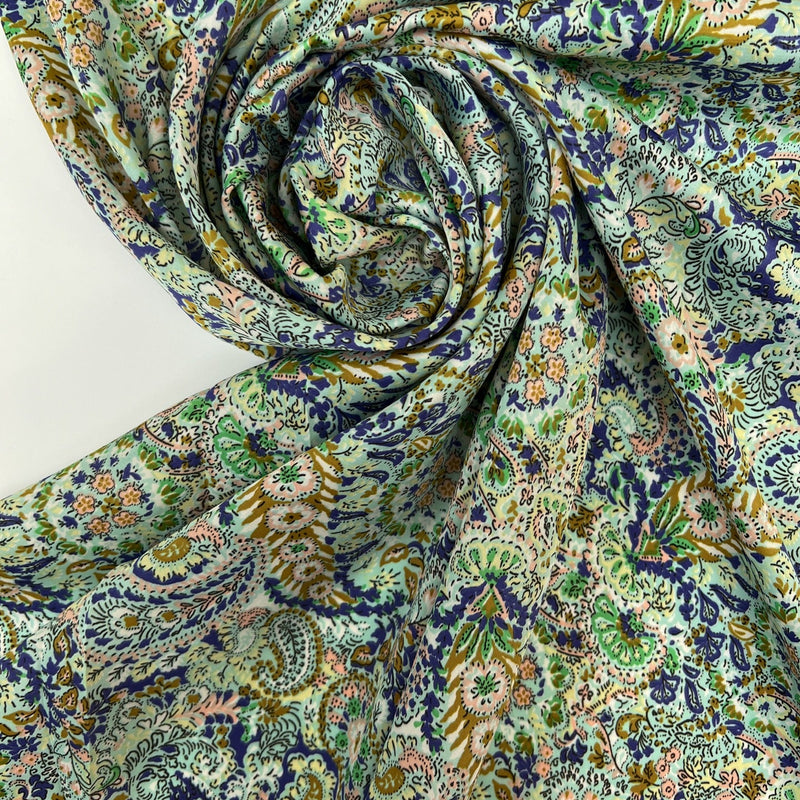 Polyester Sateen Paisley Print Purple Green