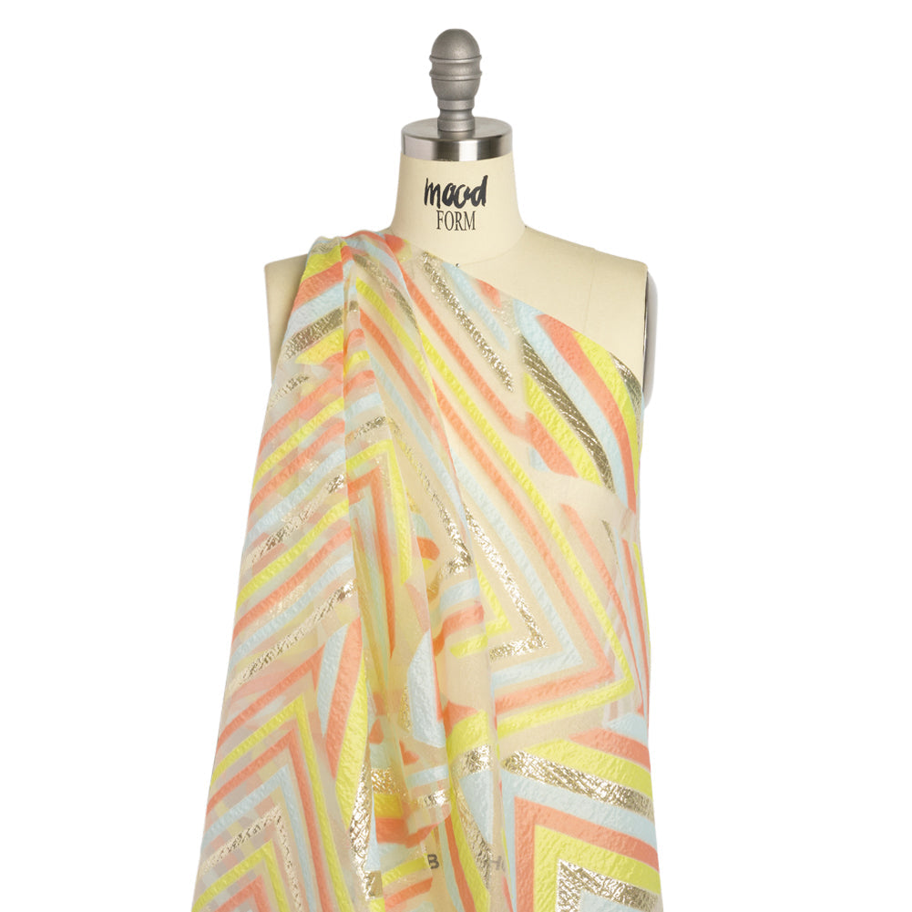 Metallic Gold, Coral and Lime Chevrons and Arrows Luxury Burnout Brocade
