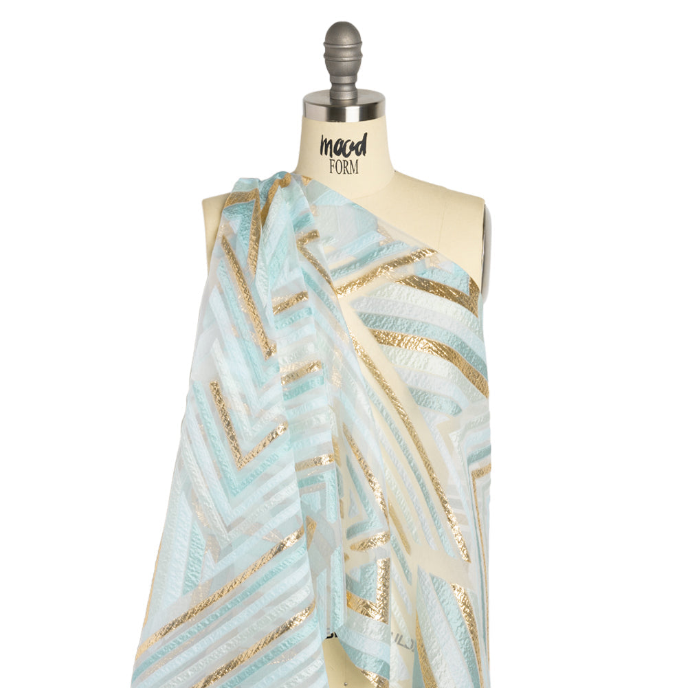Metallic Gold, Aqua and Teal Chevrons and Arrows Luxury Burnout Brocade